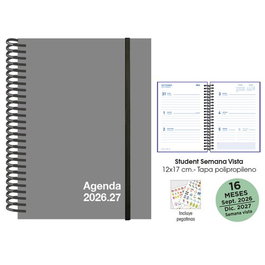 Agenda Anual (2026-27) Senfort 16 Meses Student Unicolor Espiral Tapa Pp Con Goma 120X170 S/V Gris
