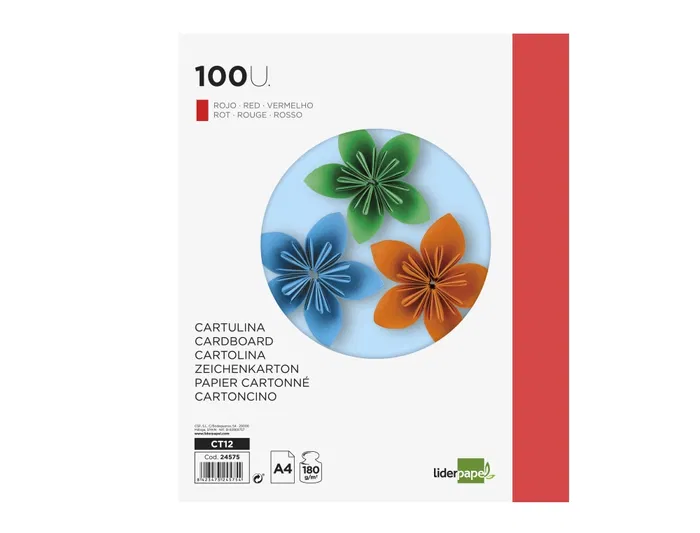 Liderpapel Cartulina A4 180g/m2 Rojo Paquete 100 Hojas