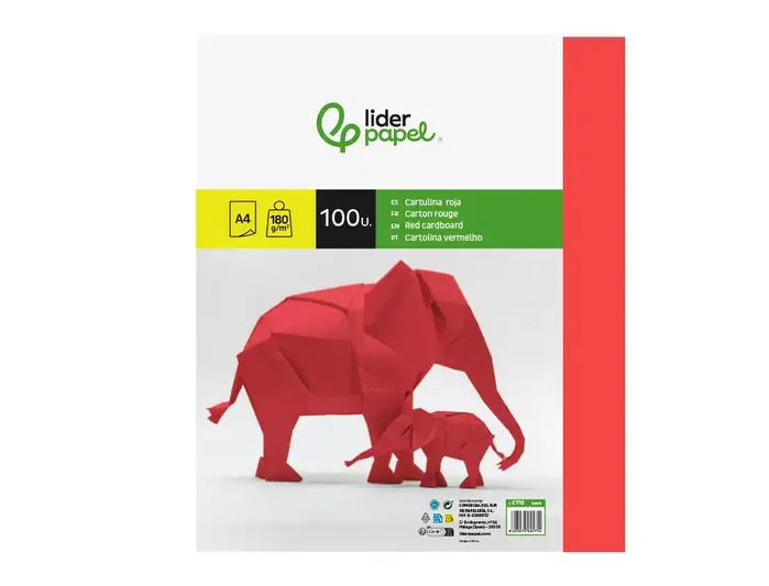 Liderpapel Cartulina A4 180g/m2 Rojo Paquete 100 Hojas