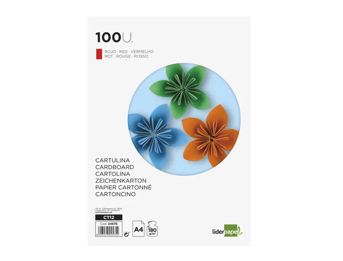 Liderpapel Cartulina A4 180g/m2 Rojo Paquete 100 Hojas