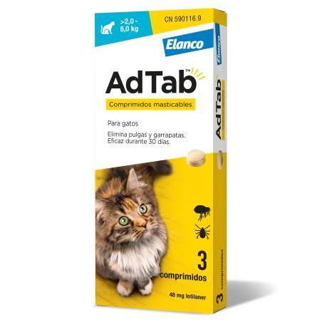 Elanco AdTab 48 mg 3 comprimidos masticables para gatos de 2-8 kg Elanco AdTab 48 mg 3 comprimidos masticables para gatos de 2-8 kg