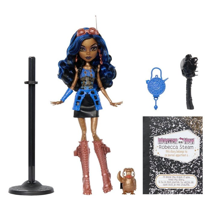 MATTEL Monster High Muñeca Reproducción Robecca Steam con Pingüino Mecánico Captain Penny, Accesorios y Diario - Coleccionable