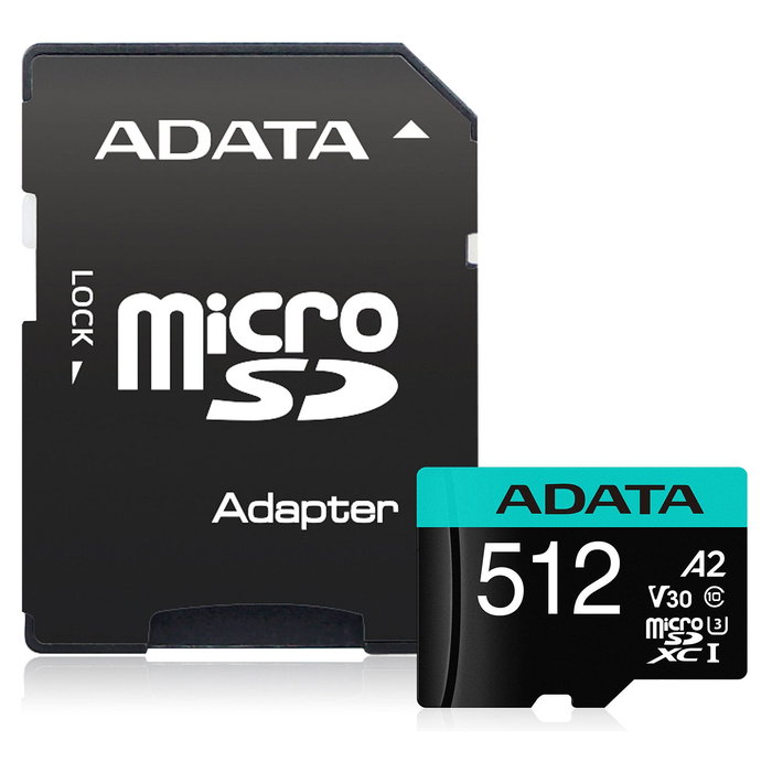 ADATA Premier Pro 512 GB MicroSDXC Tarjeta de Memoria V30 Clase 10 U3, 100 MB/s Lectura, Incluye Adaptador SD, Resistente al Agua y Golpes