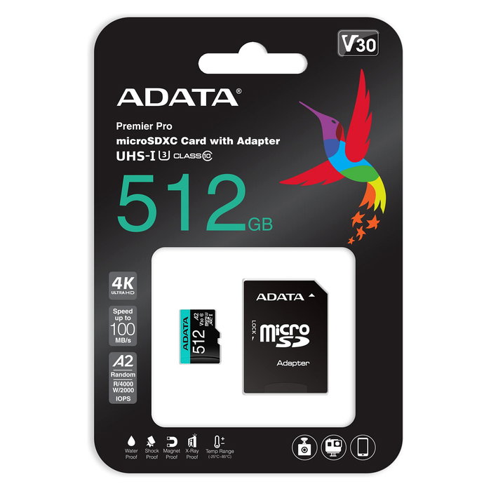 ADATA Premier Pro 512 GB MicroSDXC Tarjeta de Memoria V30 Clase 10 U3, 100 MB/s Lectura, Incluye Adaptador SD, Resistente al Agua y Golpes