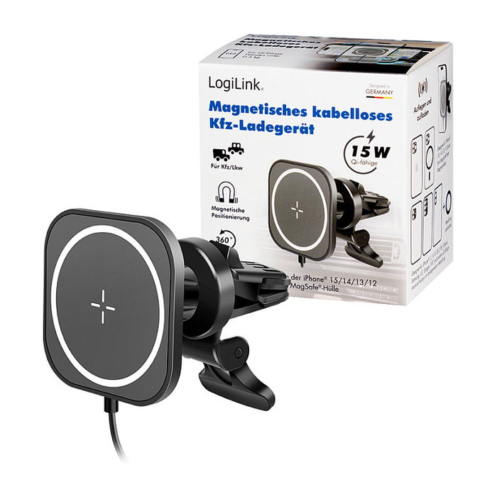 LogiLink Cargador inalámbrico para coche con soporte para smartphone 15W