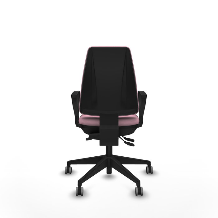 Silla de oficina Elche con mecanismo Asincro tapizada con Tela color Rosa. Equipada con Base piramidal negra, Brazos fijos y Ruedas 65 mm parqué Silla de oficina Elche con mecanismo Asincro tapizada con Tela color Rosa. Equipada con Base piramidal negra, Brazos fijos y Ruedas 65 mm parqué