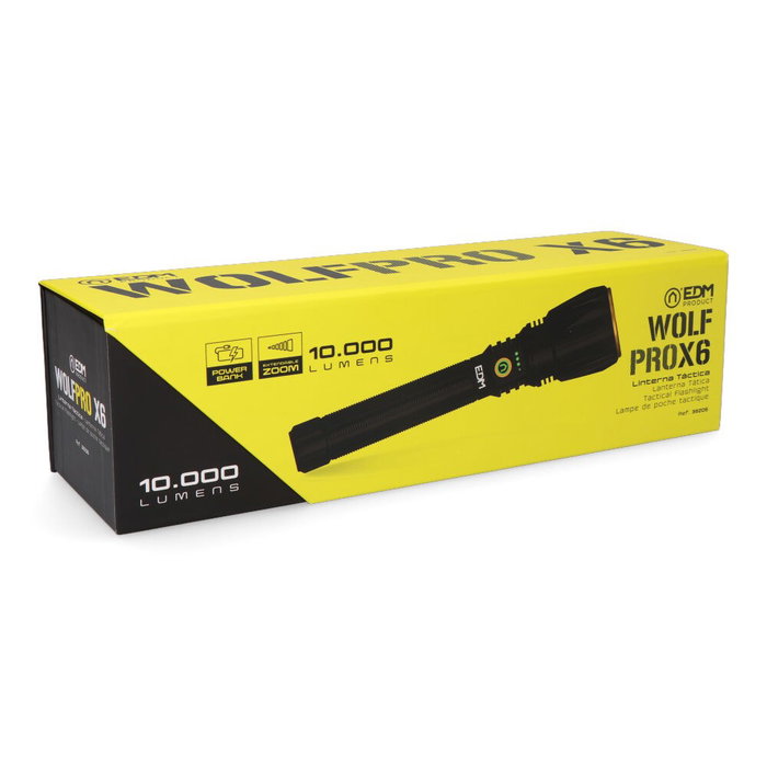 EDM Wolfpro X6 Linterna Led Táctica Largo Alcance, 10000 lm Zoom, Cuerpo Aluminio, USB-C, Power Bank, Batería 21700 4000 mAh, 4 Modos de Luz, IPX4