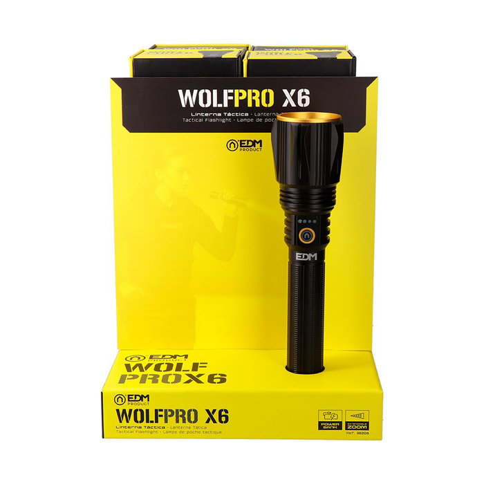 EDM Wolfpro X6 Linterna Led Táctica Largo Alcance, 10000 lm Zoom, Cuerpo Aluminio, USB-C, Power Bank, Batería 21700 4000 mAh, 4 Modos de Luz, IPX4
