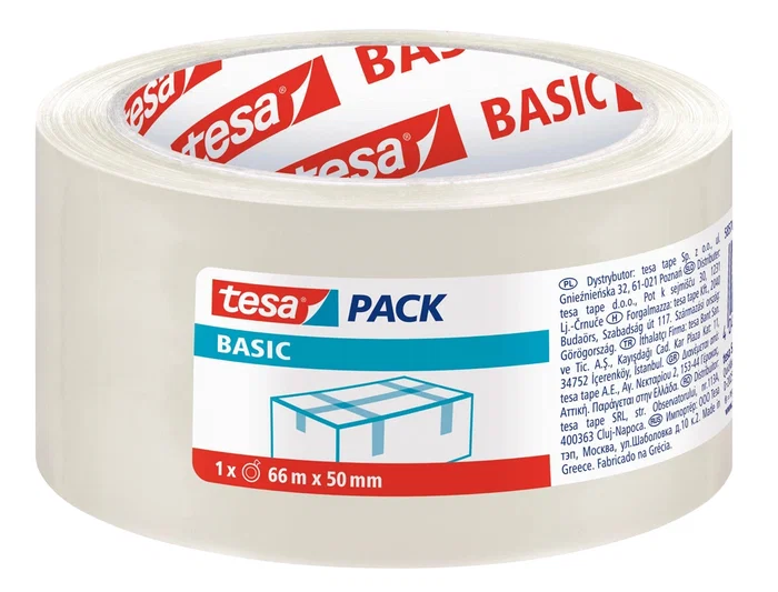 Tesa 66749 Cinta Adhesiva Transparente Basic 66 m x 50 mm - 31 Micras para Embalaje, Precintado de Cajas y Sobres