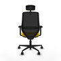 Silla de oficina Mardos con mecanismo Sincro/Traslack tapizada con Tela color Amarillo y malla color Negro. Equipada con lumbar 1D, Brazos 2D, Cabecero 2D y Ruedas 65mm nailon