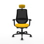 Silla de oficina Mardos con mecanismo Sincro/Traslack tapizada con Tela color Amarillo y malla color Negro. Equipada con lumbar 1D, Brazos 2D, Cabecero 2D y Ruedas 65mm nailon