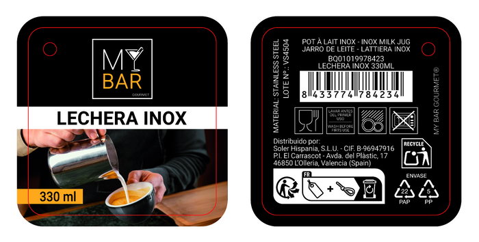 Inde Lechera Inox 330 ml My Bar - Capacidad 330 ml, Dimensiones 7,4 cm (Ancho) x 8,8 cm (Alto) x 10 cm (Largo) (24 Unidades)