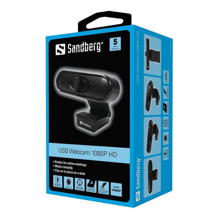 SANDBERG Webcam USB 1080P HD, 2 MP, 1920x1080@30fps, Micrófono Incorporado, Negro
