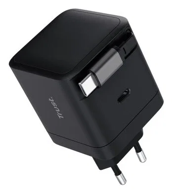 Trust Cargador USB-C Pared 65W con Cable Retráctil - Carga Rápida Power Delivery - Protección Sobrecalentamiento/Sobrecarga - 1 Puerto, Color Negro, Universal