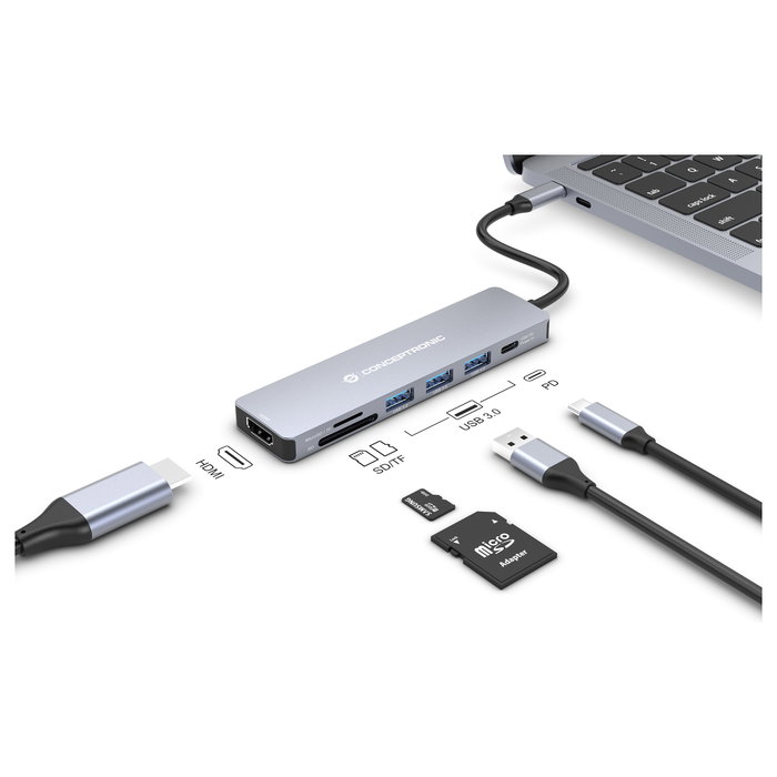 Conceptronic DONN19G Hub USB-C 7 en 1 con HDMI 4K y PD 100W Conceptronic DONN19G Hub USB-C 7 en 1 con HDMI 4K y PD 100W
