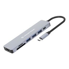 Conceptronic DONN19 Hub USB Tipo C 4 en 1 con HDMI 4K, 3 Puertos USB-A 3.1, Lector de Tarjetas SD/MicroSD, 100W Power Delivery, Gris