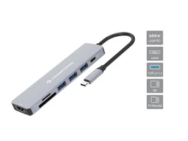 Conceptronic DONN19G Replicador de Puertos USB-C 7 en 1 con HDMI 4K, 3x USB-A 3.0, USB-C PD 100W, Lector SD/MicroSD, Gris