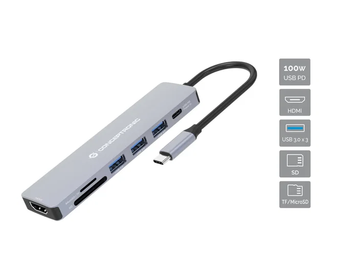 Conceptronic DONN19G Replicador de Puertos USB-C 7 en 1 con HDMI 4K, 3x USB-A 3.0, USB-C PD 100W, Lector SD/MicroSD, Gris