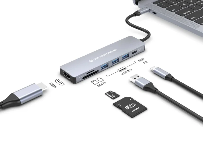 Conceptronic DONN19G Replicador de Puertos USB-C 7 en 1 con HDMI 4K, 3x USB-A 3.0, USB-C PD 100W, Lector SD/MicroSD, Gris