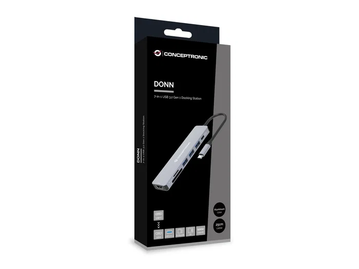 Conceptronic DONN19G Replicador de Puertos USB-C 7 en 1 con HDMI 4K, 3x USB-A 3.0, USB-C PD 100W, Lector SD/MicroSD, Gris