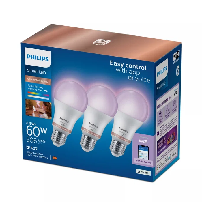 Philips Wiz Bombilla LED Inteligente A60 8.5W E27, Equivalente 60W, RGB + Blanco Cálido a Frío, Control por App y Compatible con Alexa, Google Assistant y Apple HomeKit (Pack de 3)