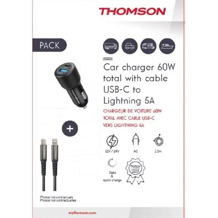 Thomson THO3513767400046 Pack Cargador Coche 60 W + Cable USB-C a Lightning 5A 1,5 m