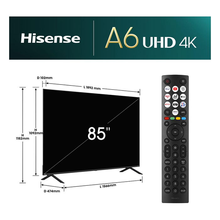 Hisense 85E6NT 85" (215 cm) Smart TV 4K UHD LED, HDR10+, Dolby Vision, VIDAA U7.6, WiFi, Bluetooth, 3xHDMI 2.0, Negro
