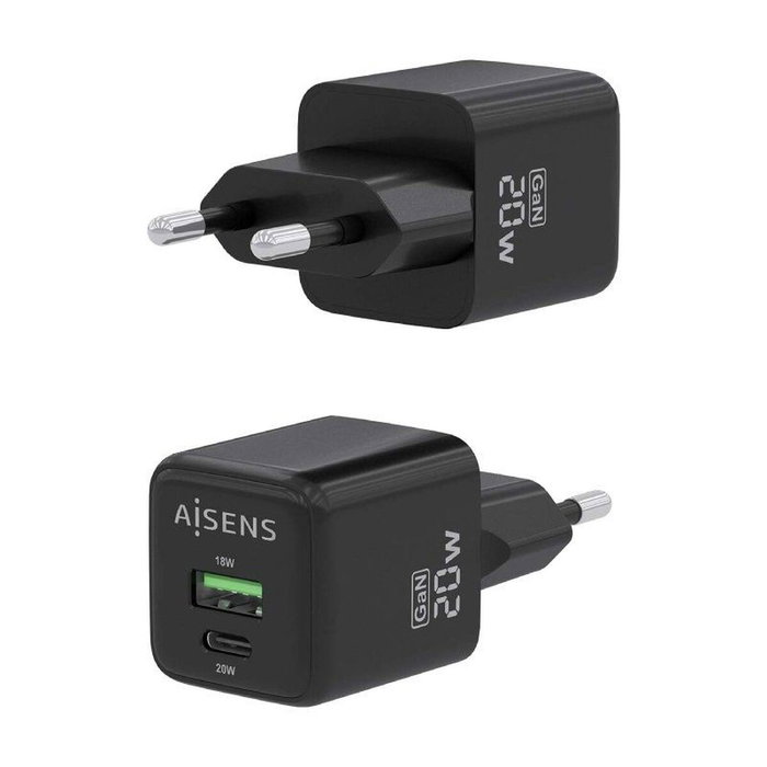 Aisens Cargador GaN 20W con USB-C PD3.0 y USB-A QC3.0, Negro