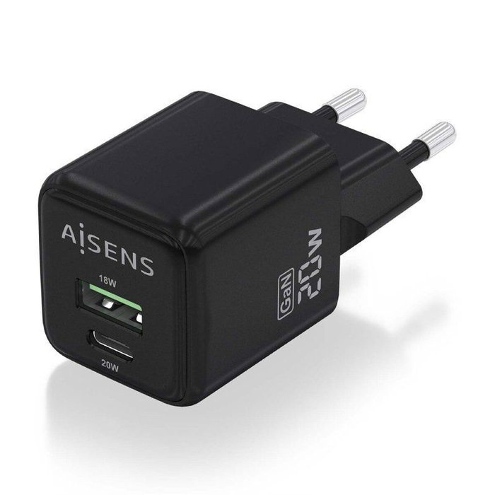 Aisens Cargador GaN 20W con USB-C PD3.0 y USB-A QC3.0, Negro