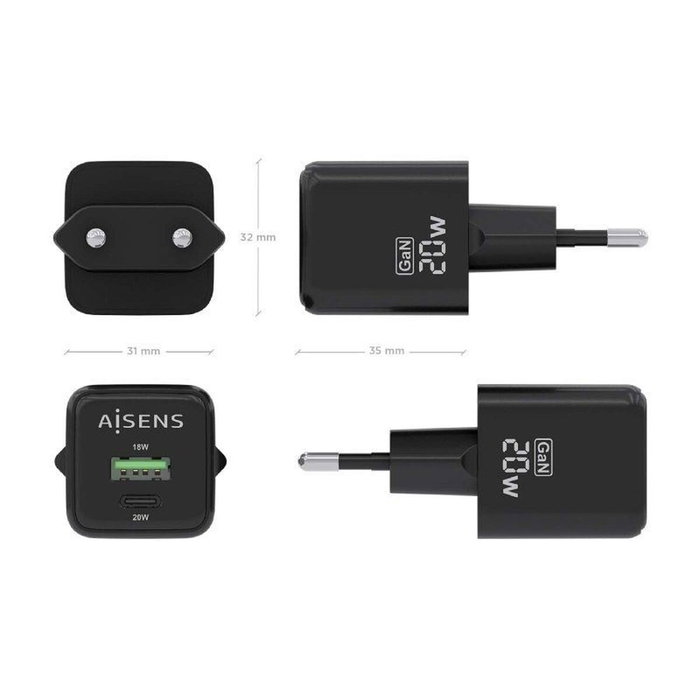 Aisens Cargador GaN 20W con USB-C PD3.0 y USB-A QC3.0, Negro