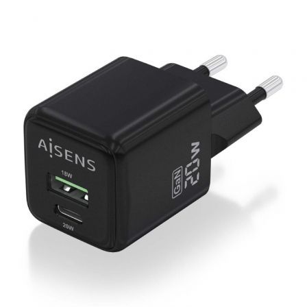 AISENS Cargador GaN USB 20W PD3.0 QC3.0 2 Puertos (1x Tipo-C, 1x USB-A) Negro para Móvil y Laptop, ASCH-20W2P011-BK