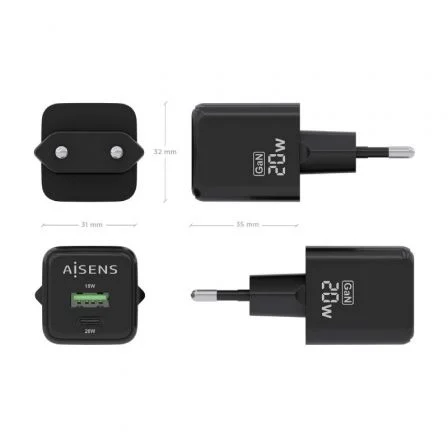 AISENS Cargador GaN USB 20W PD3.0 QC3.0 2 Puertos (1x Tipo-C, 1x USB-A) Negro para Móvil y Laptop, ASCH-20W2P011-BK