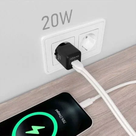 AISENS Cargador GaN USB 20W PD3.0 QC3.0 2 Puertos (1x Tipo-C, 1x USB-A) Negro para Móvil y Laptop, ASCH-20W2P011-BK