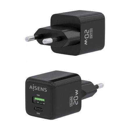 AISENS Cargador GaN USB 20W PD3.0 QC3.0 2 Puertos (1x Tipo-C, 1x USB-A) Negro para Móvil y Laptop, ASCH-20W2P011-BK