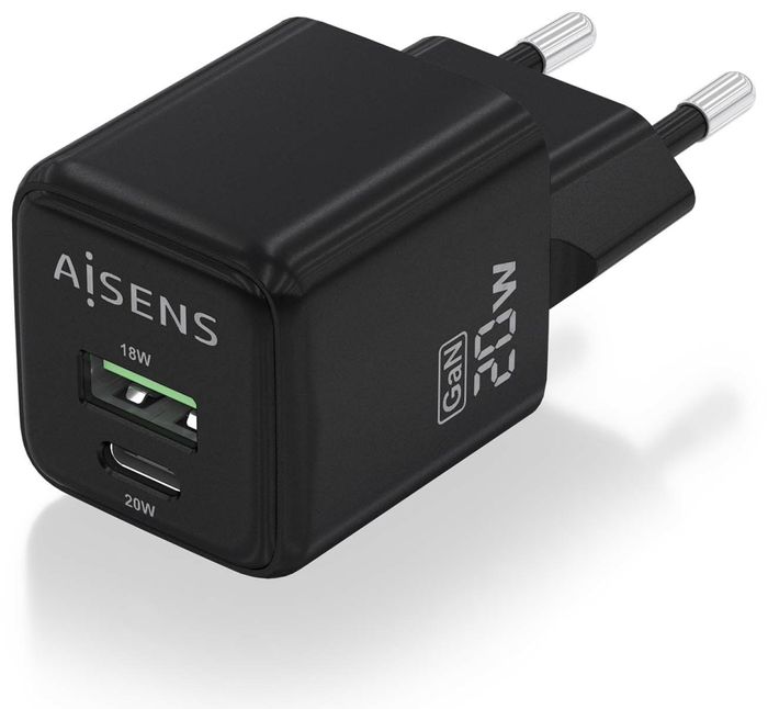 Aisens Cargador GaN 20W con USB-C PD3.0 y USB-A QC3.0, Negro