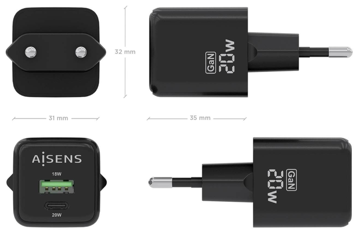 Aisens Cargador GaN 20W con USB-C PD3.0 y USB-A QC3.0, Negro