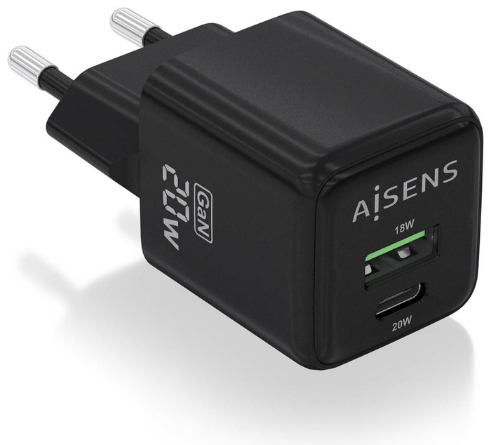 Aisens Cargador GaN 20W con USB-C PD3.0 y USB-A QC3.0, Negro