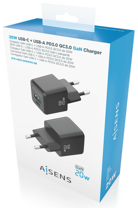 Aisens Cargador GaN 20W con USB-C PD3.0 y USB-A QC3.0, Negro