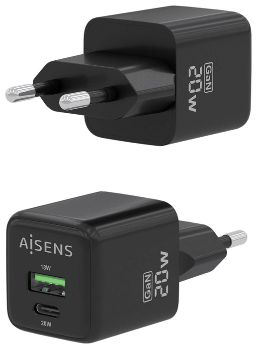Aisens Cargador GaN 20W con USB-C PD3.0 y USB-A QC3.0, Negro