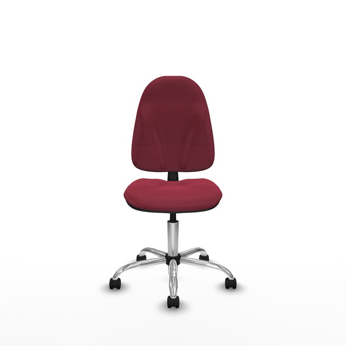 Silla de oficina Algarra con mecanismo Contacto permanente básico tapizada con Tela color Granate. Equipada con Base cromada, Sin brazos y Ruedas de nailon 50 mm
