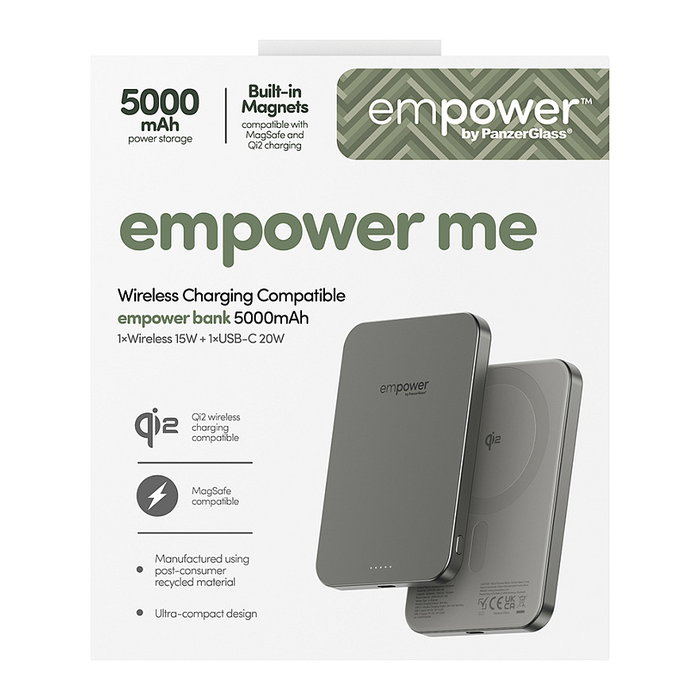 PanzerGlass Empower Bank 5000mAh Cargador Inalámbrico y Rápido con Aluminio Reciclado - Titanio