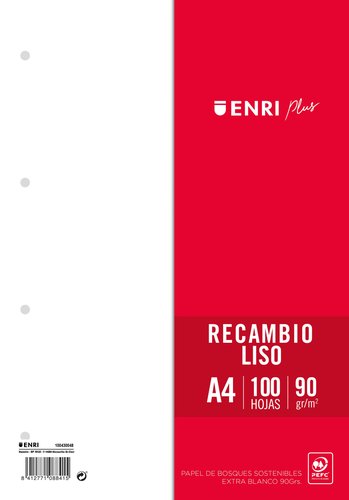Enri Recambio Plus A4 90g Liso 4 Taladros Blanco 100 Hojas