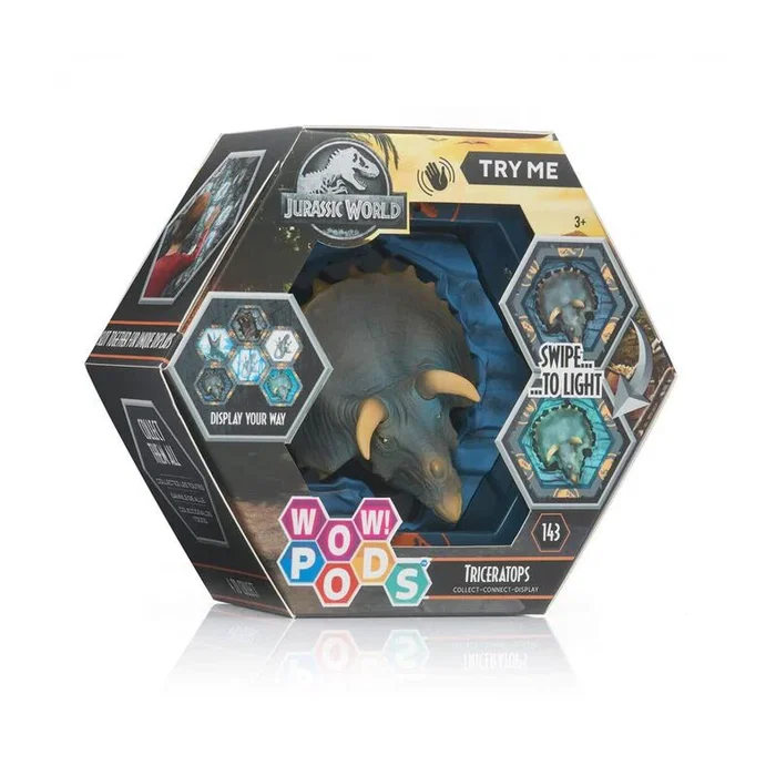 Wow stuff Figura WOW! Pod Jurassic World Dominion Triceratops, coleccionable con iluminación UV y pegatinas, interactivo