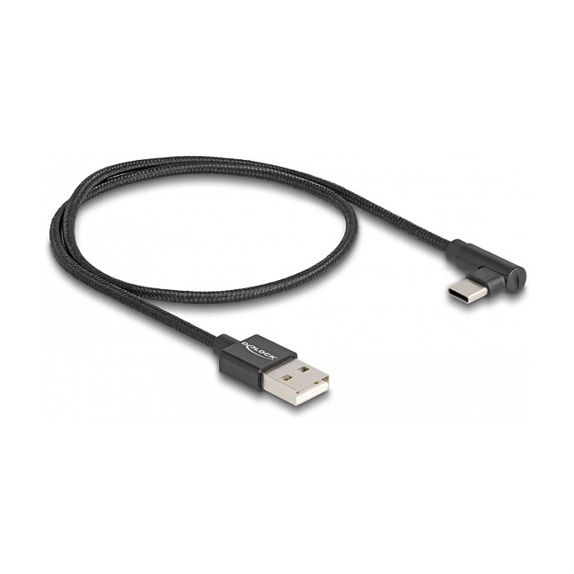 DeLOCK Cable USB 2.0 Tipo-A a USB-C, Macho a Macho, Angulado, Negro, 0.5 m, 480 Mbit/s, Para Datos y Carga
