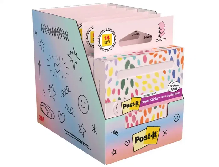 Post-it Bloc de notas adhesivas quita y pon super sticky 100% pefc 76x76 mm dispensador 90 hojas rosa