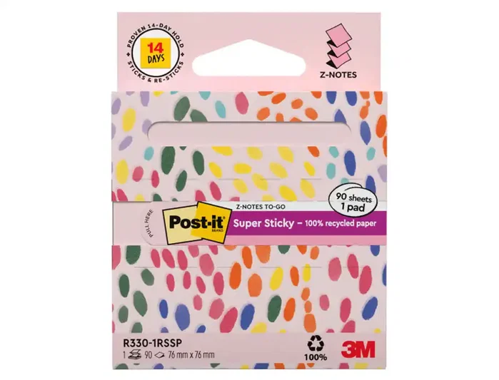Post-it Bloc de notas adhesivas quita y pon super sticky 100% pefc 76x76 mm dispensador 90 hojas rosa