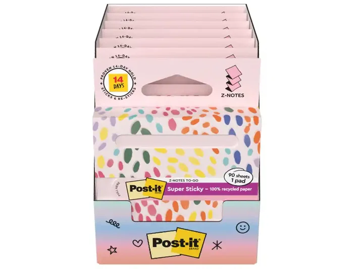 Post-it Bloc de notas adhesivas quita y pon super sticky 100% pefc 76x76 mm dispensador 90 hojas rosa