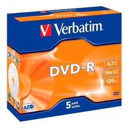 Verbatim DVD-R 4.7GB 16X Caja Jewel con 5 Discos, Superficie Mate Plateada