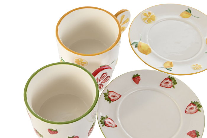 DKD Home Decor Taza Set con Plato Moderno Amarillo Rojo Porcelana 14 x 7.4 x 15 cm (6 Unidades) 210ml
