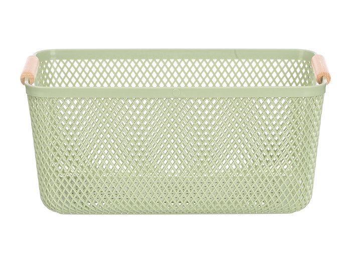 Kipit Cesta de Plástico PP con Asa de Bambú, Color Verde, Dimensiones 32x20.5x14.5 cm (Set de 24)